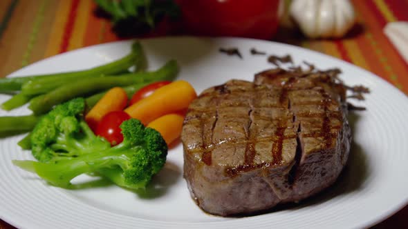 Beef Fillet Mignon Grilled And Vegetables On White Plate 33