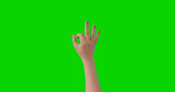 Isolated Woman Hand Pink Manicure Showing The A-Ok, Ok or Good Sign Symbol. Green Screen Compositing alt