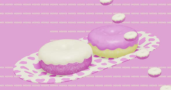 Minimal motion design. 3d creative pink and white donuts at plate moves in pink abstract space.