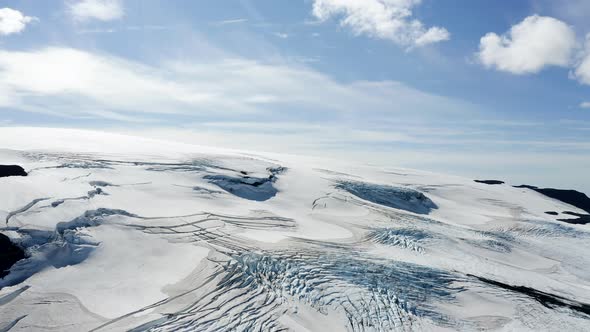 Aerial drone view melting marks and weak ice on the Langjokull glacier, in Iceland alt