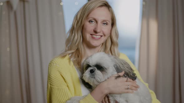 Woman Hold Shih Tzu Dog in Arms Proud Animal Owner Smile Look at Camera Rbbro alt