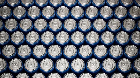 Seamless looping animation of assorted soda cans. Set of many drinks.Aerial view alt