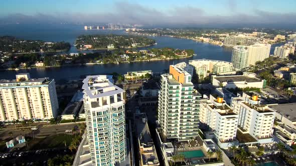 Aerial footage above the sea viewing the Miami beach