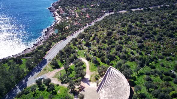 The top view from the drone of Kas resorts, bay, yahts, city in Mugla in Turkey alt