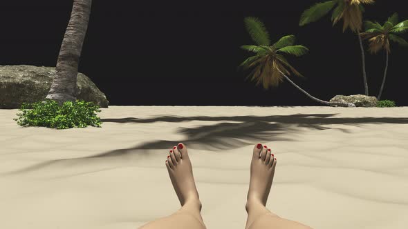 Female legs sunbathe on the beach among the palms on a transparent background.