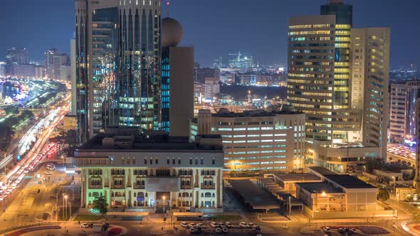 Dubai Creek Landscape Night Timelapse with Boats and Ship Near Waterfront alt