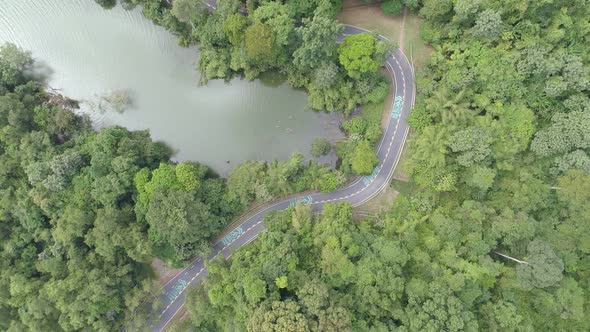 Aerial view road curve around the dam alt