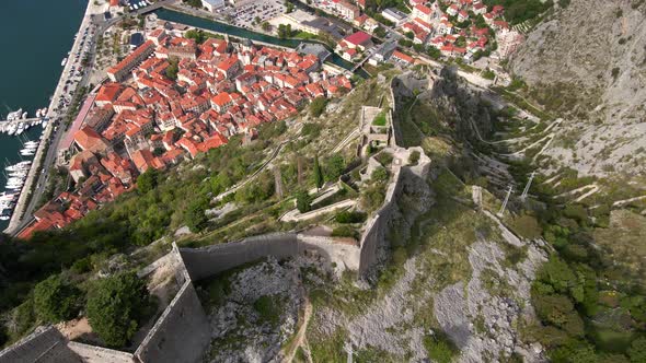 Aerial Shot of the Fortress St John San Giovanni Over the Old Town of Kotor the Famous Tourist Spot alt