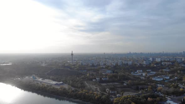 Aerial view of Galati City, Romania with Danube River near the City - drone shot alt