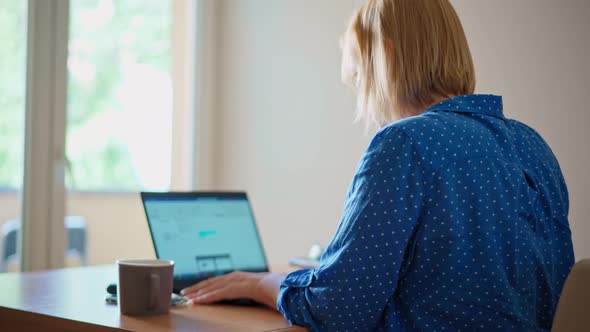 Back Shot of a Blond Young Adult Woman Looking at a Laptop Screen While Working alt