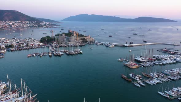 Top View of an Ancient Castle and Sea Port with Yachts of Bodrum alt