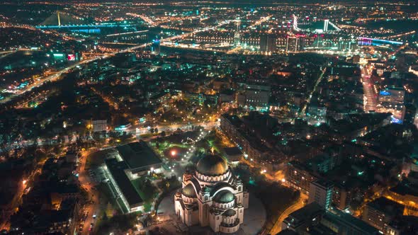 Drone night time lapse of St. Sava temple and rest of Belgrade