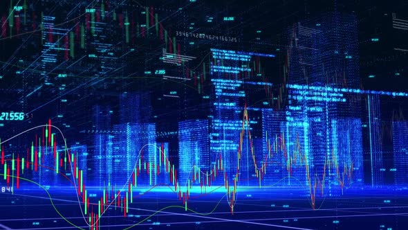 Holographic Smart City Wireframe Architecture And Stock K Line Trend Chart