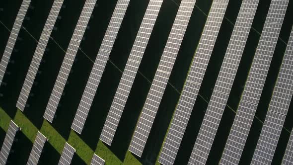 Aerial Top View of Solar Farm with Sunlight Cells for Producing Renewable Electricity