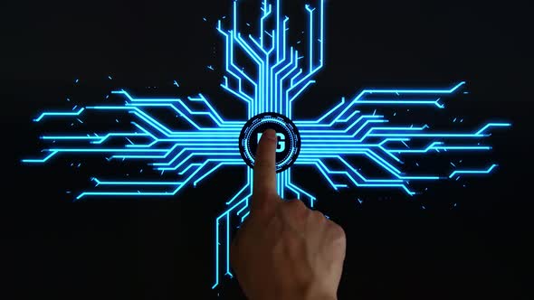 Human Finger Pushes Touch Digital 5G Button With Futuristic Artificial Intelligence alt