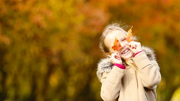 Portrait of Adorable Little Girl Outdoors at Beautiful Warm Day with Yellow Leaf in Fall