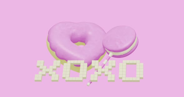 Minimal motion design. 3d creative heart donuts and lolipop, text Xo-xo 