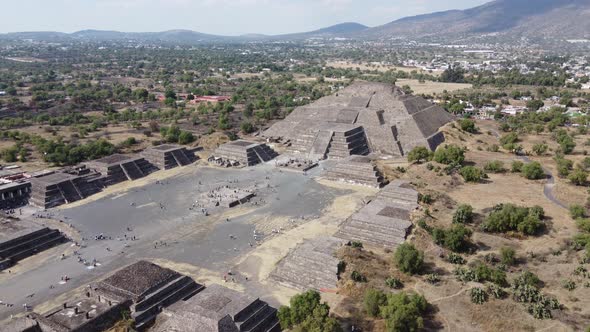 top view drone Teotihuacán mexico in calzada de los muertos, pyramid of sun and moon