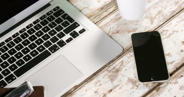 Laptop, smartphone, cup of coffee and pot plant alt
