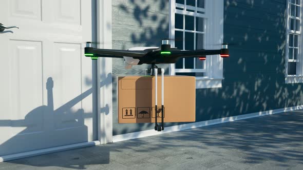 Hexacopter drone delivering packages with protective masks directly to a client. alt