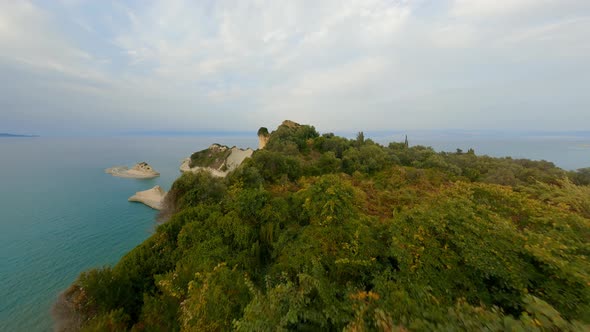 Drone Over Corfu Cliffs And Coastline alt