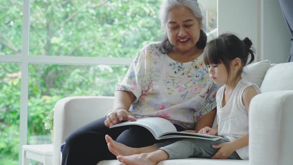 Senior lifestyle concept : A kind and gentle Asia grandmother teaching her granddaughter to read wri alt