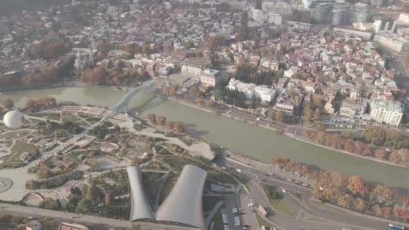 Tbilisi, Georgia - October 25 2021: Flying over Baratashvili bridge in the center of Tbilisi alt