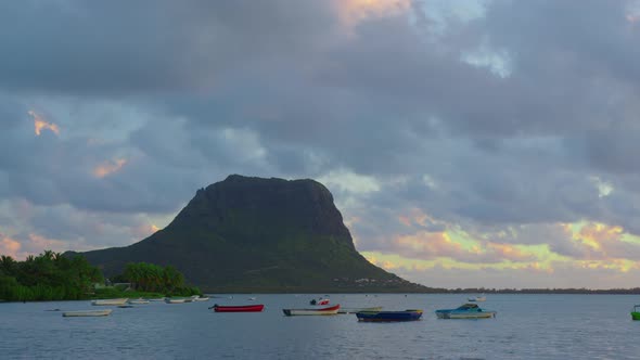 Timelapse of Mountainous Landscape of Mauritius with Indian Ocean and Sunset Clouds alt