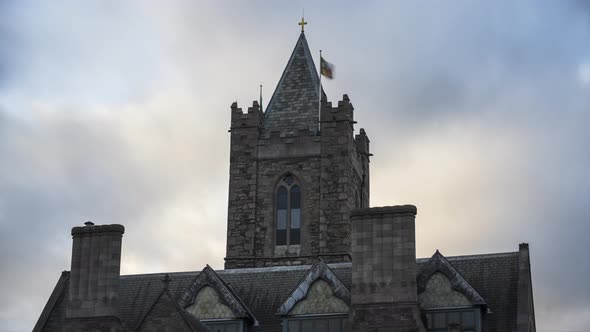 Time lapse of historical Dublin Castle tower on overcast day with dramatic clouds in Dublin City Cen alt