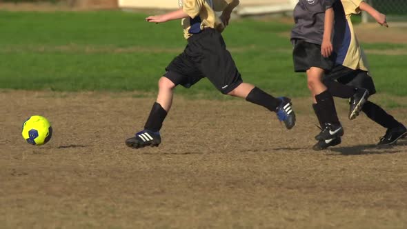 Boys ages 6 to 8 playing in a youth soccer league game. alt