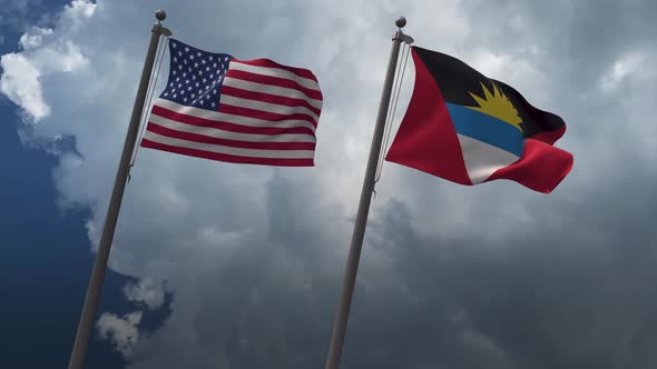 Waving Flags Of The United States And The Antigua And Barbuda 4K alt