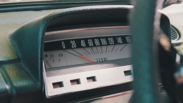 Car Retro Dashboard. Vintage Retro Speedometer and Instrument Panel of Old Car alt