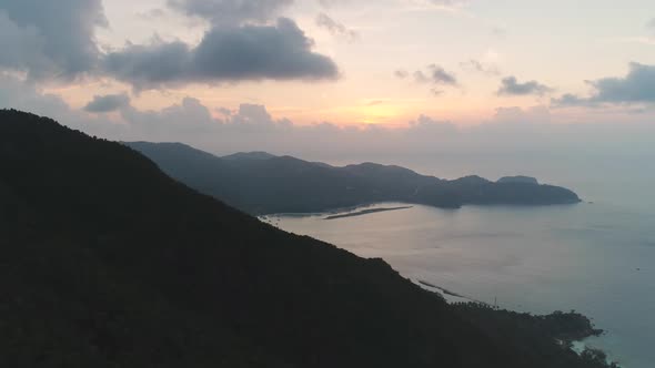 Sunset Thailand Silhouette Mountain Aerial View Ocean Bay with Coastline Koh Phangan Island