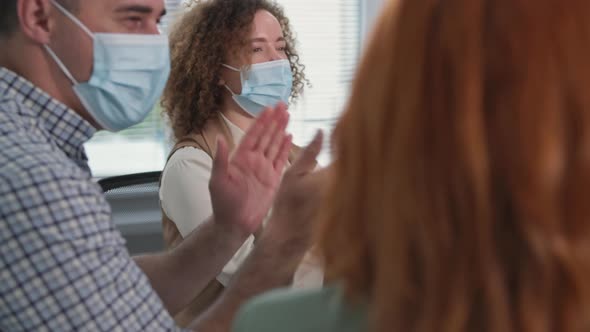 Counseling Therapy Session Young People Take Precautions and Wear Medical Masks Clap Their Hands alt
