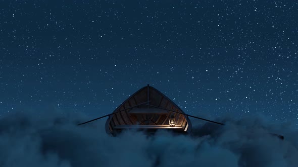 Loop Of Abandoned Wooden Boat Over Fluffy Night Clouds And Starry Sky