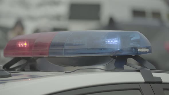 Flashing Flasher on the Roof of a Police Car. Blinker. Close-up. alt