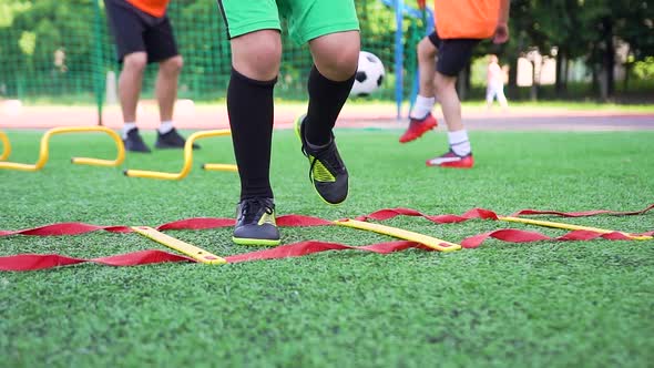 Boy's Feet in Football Shoes which Doing Different Soccer Exercises on Ladder During Training Day alt