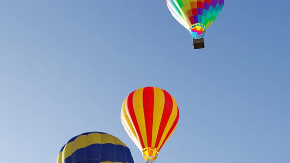 Vibrant, multi-colored hot air balloons against bright blue cloudless sky.
