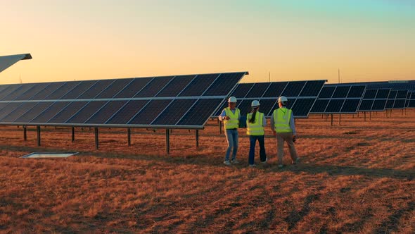 Solar Energy Industry Workers Observing Large Solar Farm Sunset alt