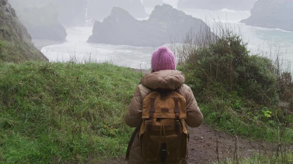 Tourist Female Relaxing and Looking at Stormy Ocean Beach with Scenic Rocks USA alt