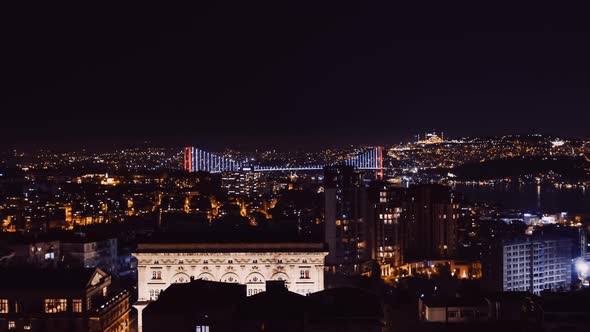 DroneAerial Night view of Istanbul, Bosphorus with illuminated Bridges.