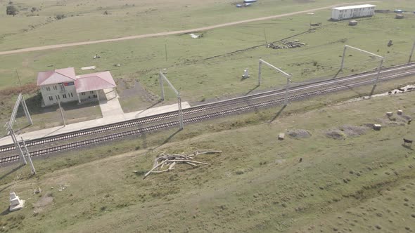 Samtskhe-Javakheti, Georgia - August 23 2021: Aerial view of Bedeni railway station alt