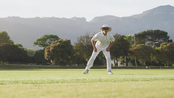 Cricket player catching the ball on the pitch alt
