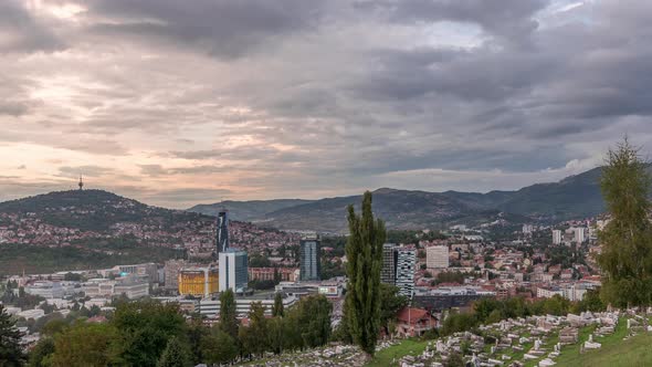 City panorama from Old Jewish cemetery day to night timelapse in Sarajevo alt