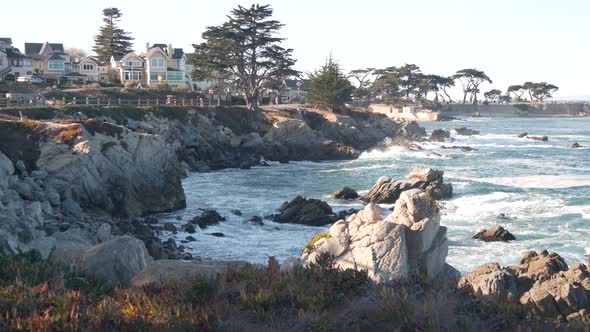 Rocky Ocean Beach Waves Crashing Monterey California Coast Beachfront Houses