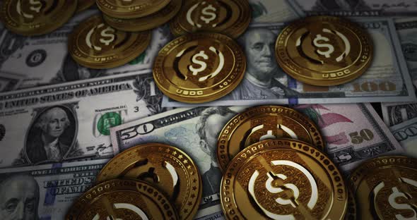 USDC USD Coin stablecoin cryptocurrency coin over Dollar banknotes alt