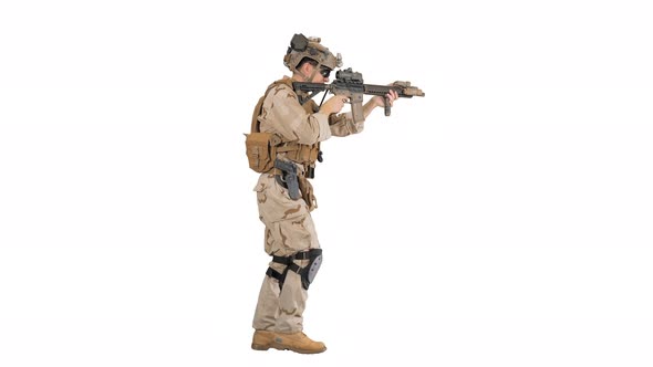 Soldier of Special Force Walking and Shooting on White Background alt