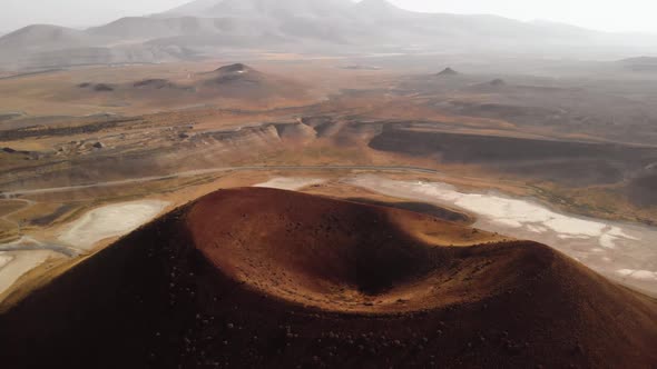 Flying Over Volcano Caldera on Red Planet Mars