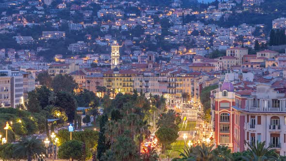 Evening Aerial Panorama of Nice Day to Night Timelapse France alt