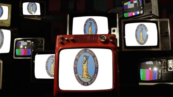 Flag of Brooklyn, Borough of New York City, USA, on Retro TVs. alt